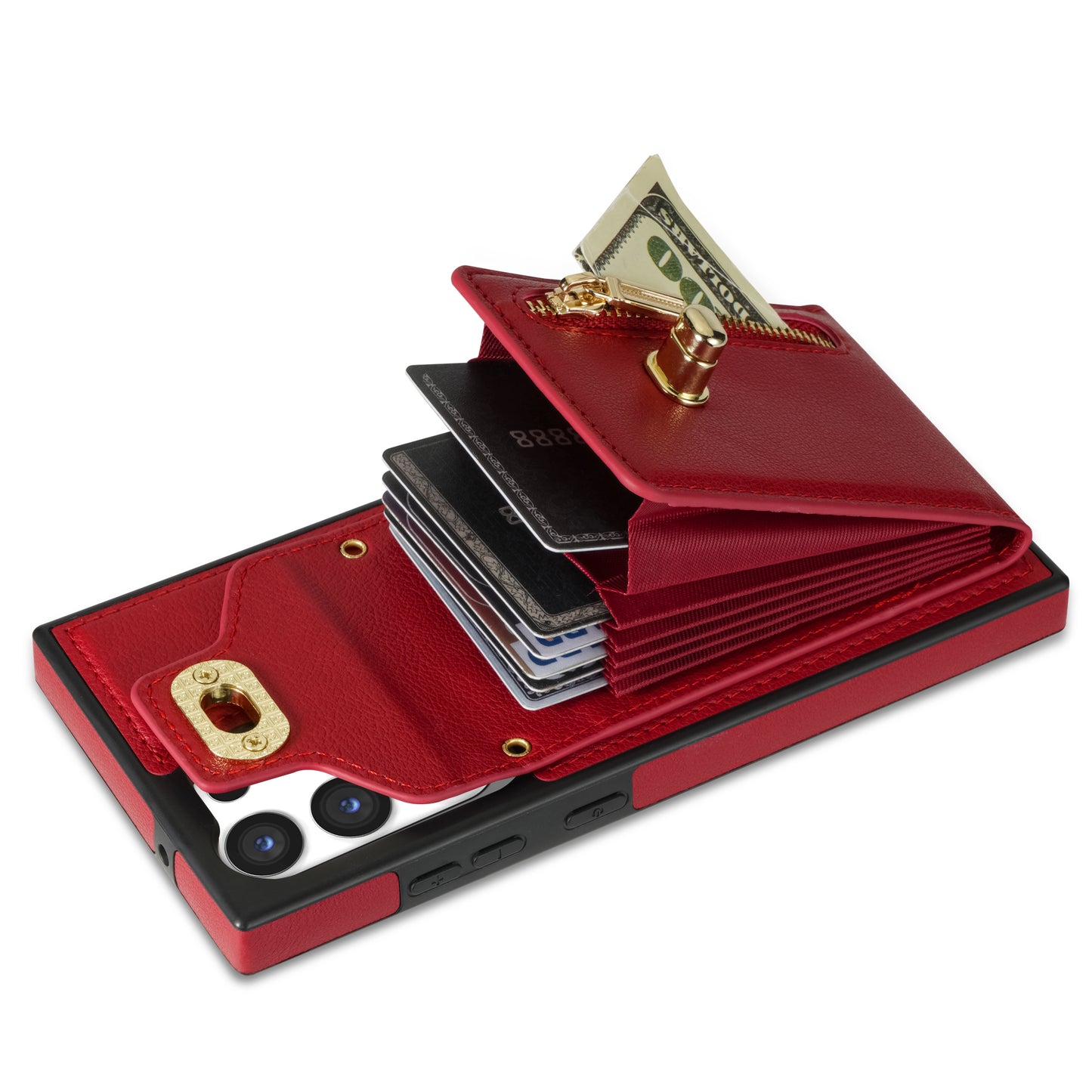 For Samsung Galaxy S24 Ultra Leather Coated TPU Cover Zipper Pocket Card Slots Phone Case with Kickstand - Red