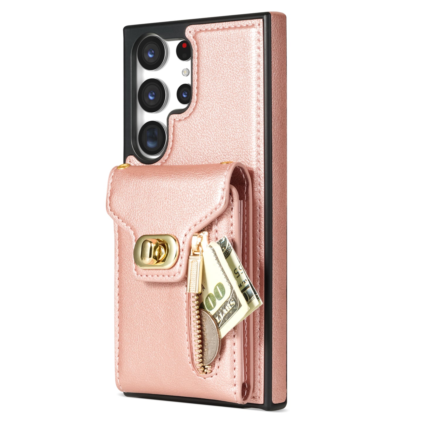 For Samsung Galaxy S24 Ultra Leather Coated TPU Cover Zipper Pocket Card Slots Phone Case with Kickstand - Pink