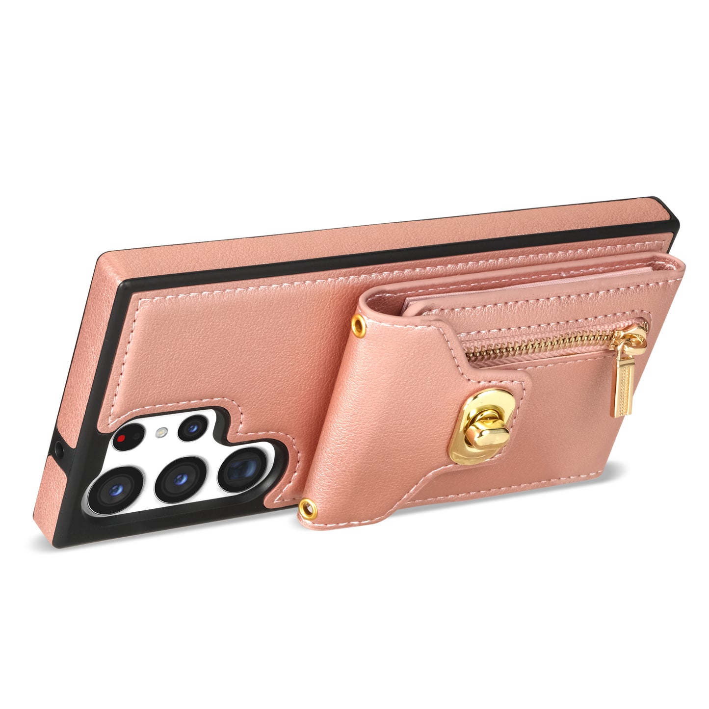 For Samsung Galaxy S24 Ultra Leather Coated TPU Cover Zipper Pocket Card Slots Phone Case with Kickstand - Pink