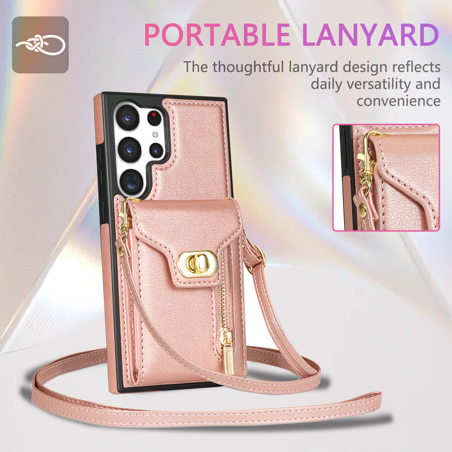 For Samsung Galaxy S24 Ultra Leather Coated TPU Cover Zipper Pocket Card Slots Phone Case with Kickstand - Pink