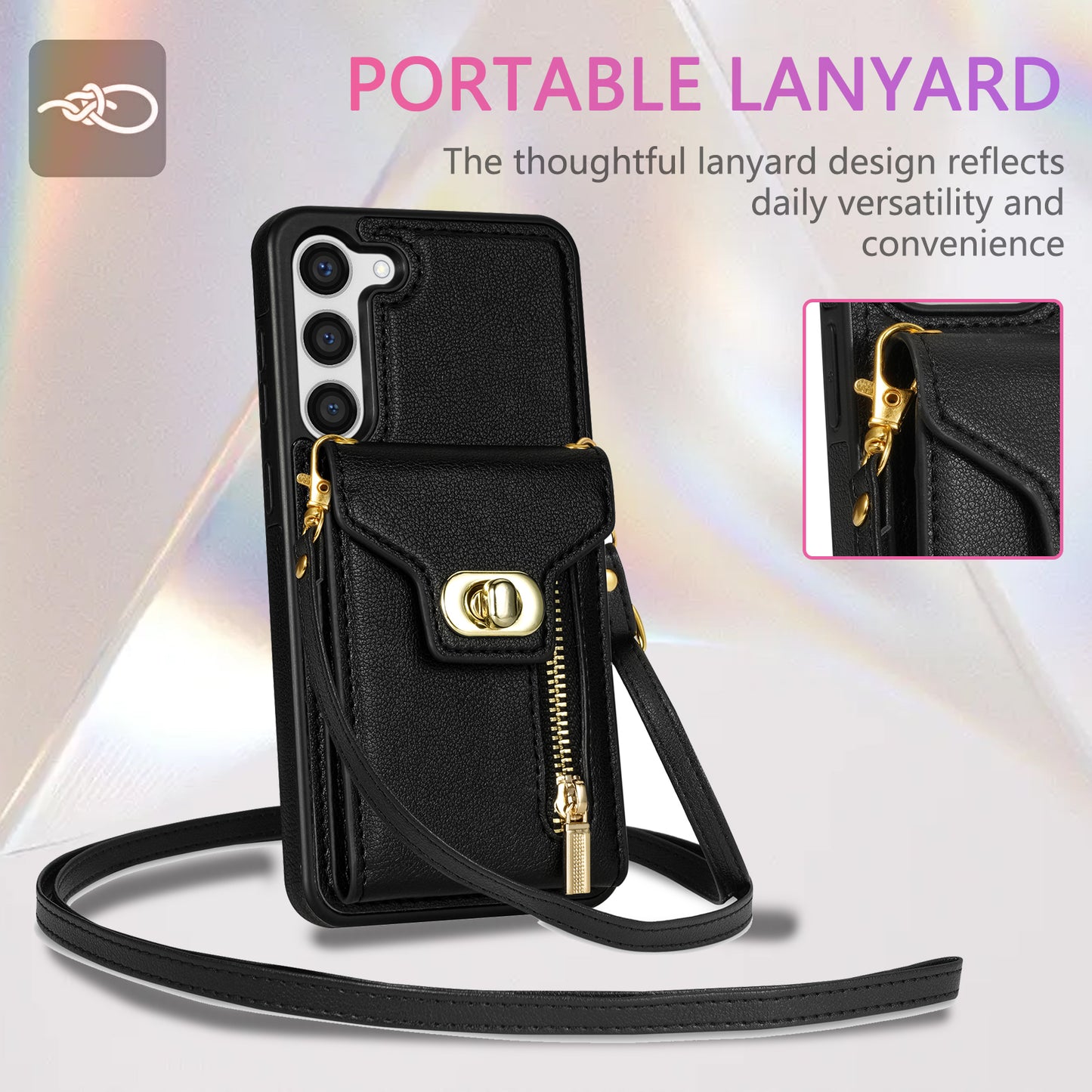 For Samsung Galaxy S24+ Cell Phone Case Leather Coated TPU Card Slots Cover with Shoulder Strap - Black