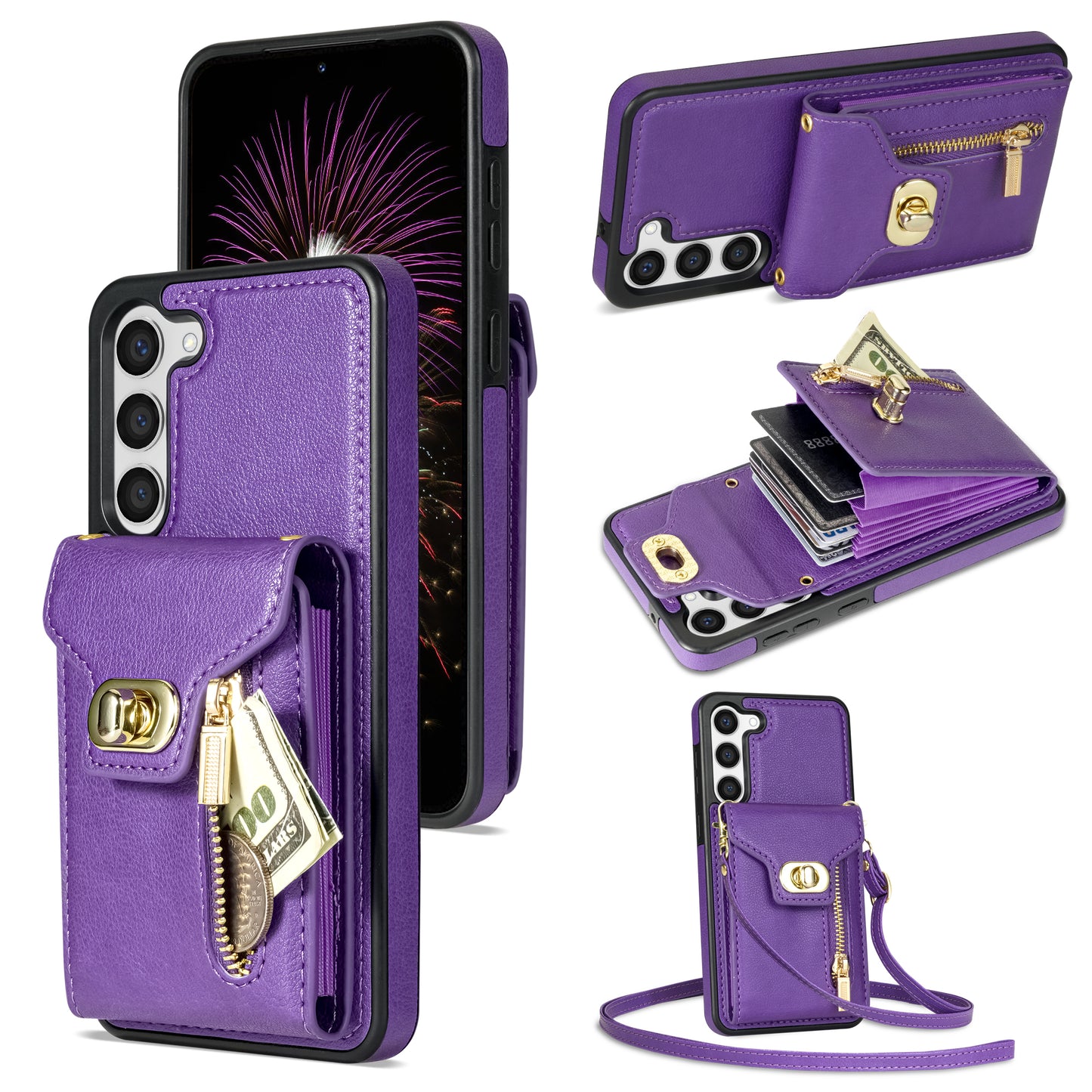 For Samsung Galaxy S24+ Cell Phone Case Leather Coated TPU Card Slots Cover with Shoulder Strap - Purple