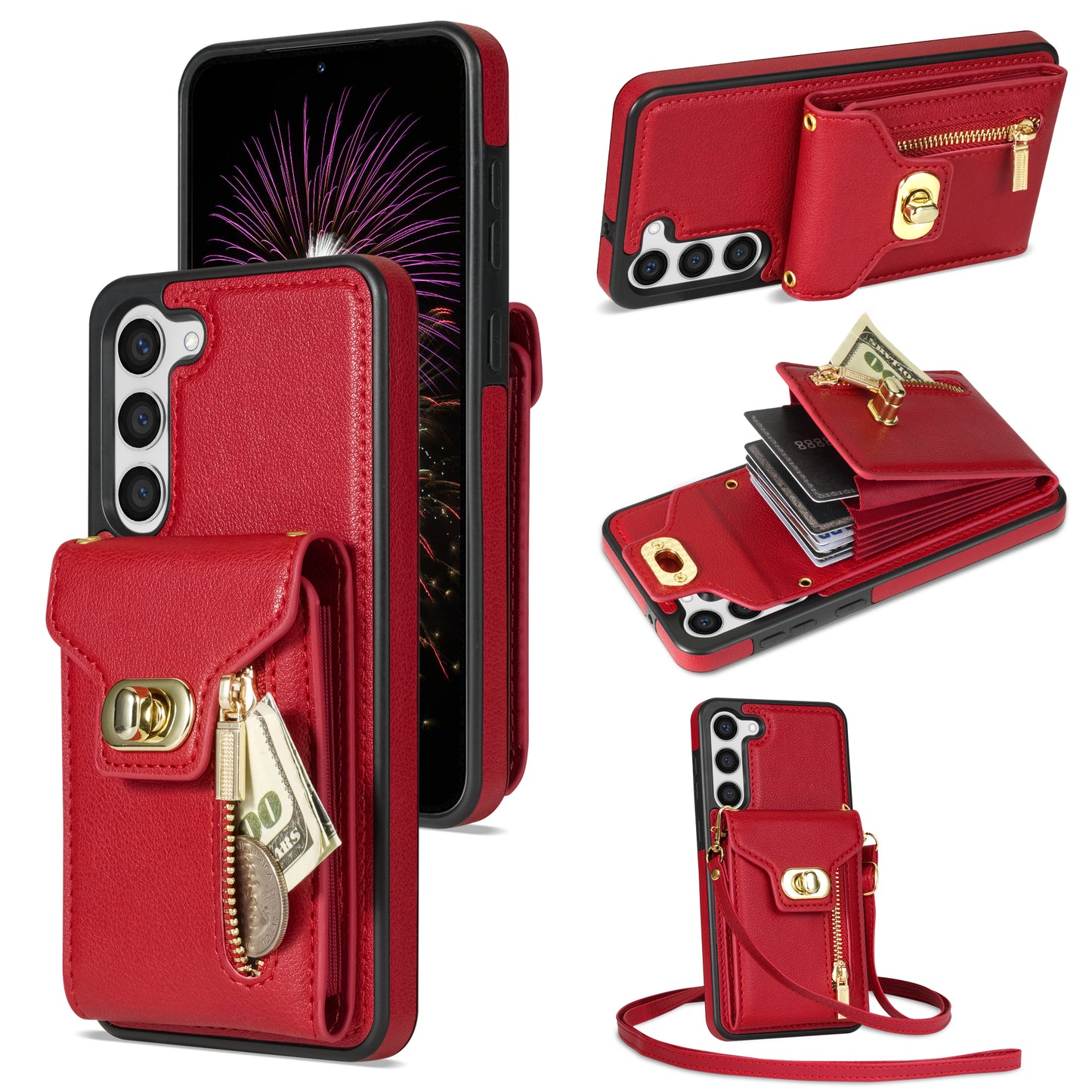 For Samsung Galaxy S24+ Cell Phone Case Leather Coated TPU Card Slots Cover with Shoulder Strap - Red