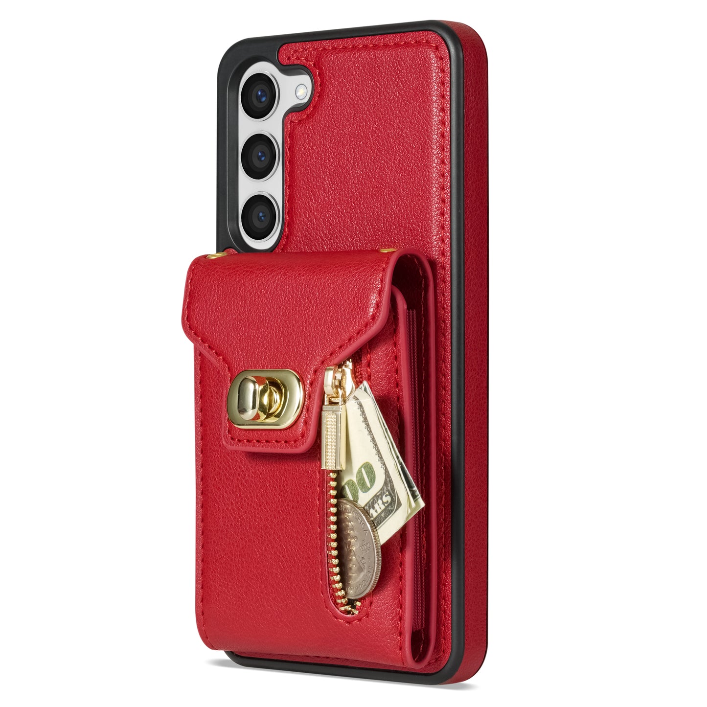 For Samsung Galaxy S24+ Cell Phone Case Leather Coated TPU Card Slots Cover with Shoulder Strap - Red