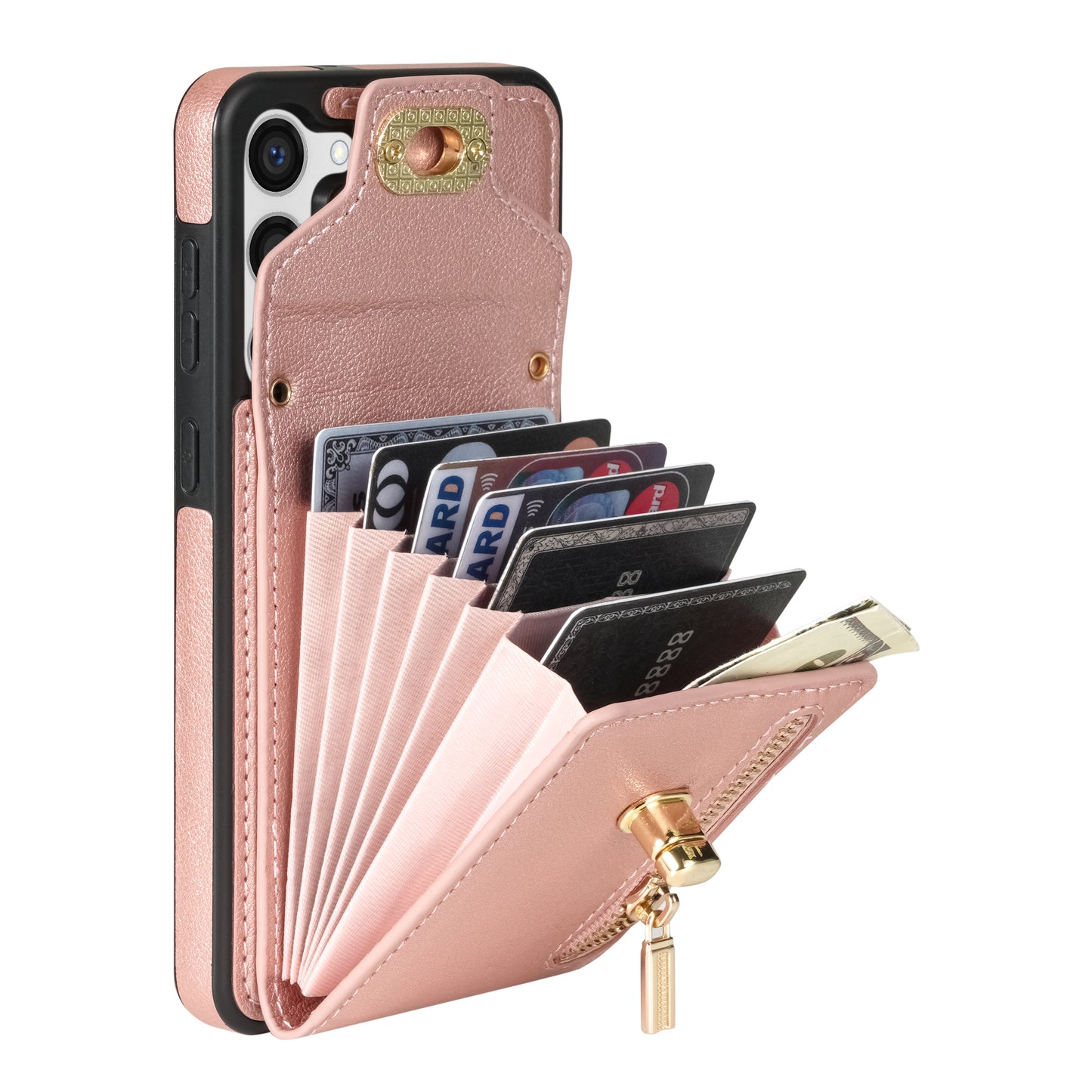 For Samsung Galaxy S24+ Cell Phone Case Leather Coated TPU Card Slots Cover with Shoulder Strap - Pink
