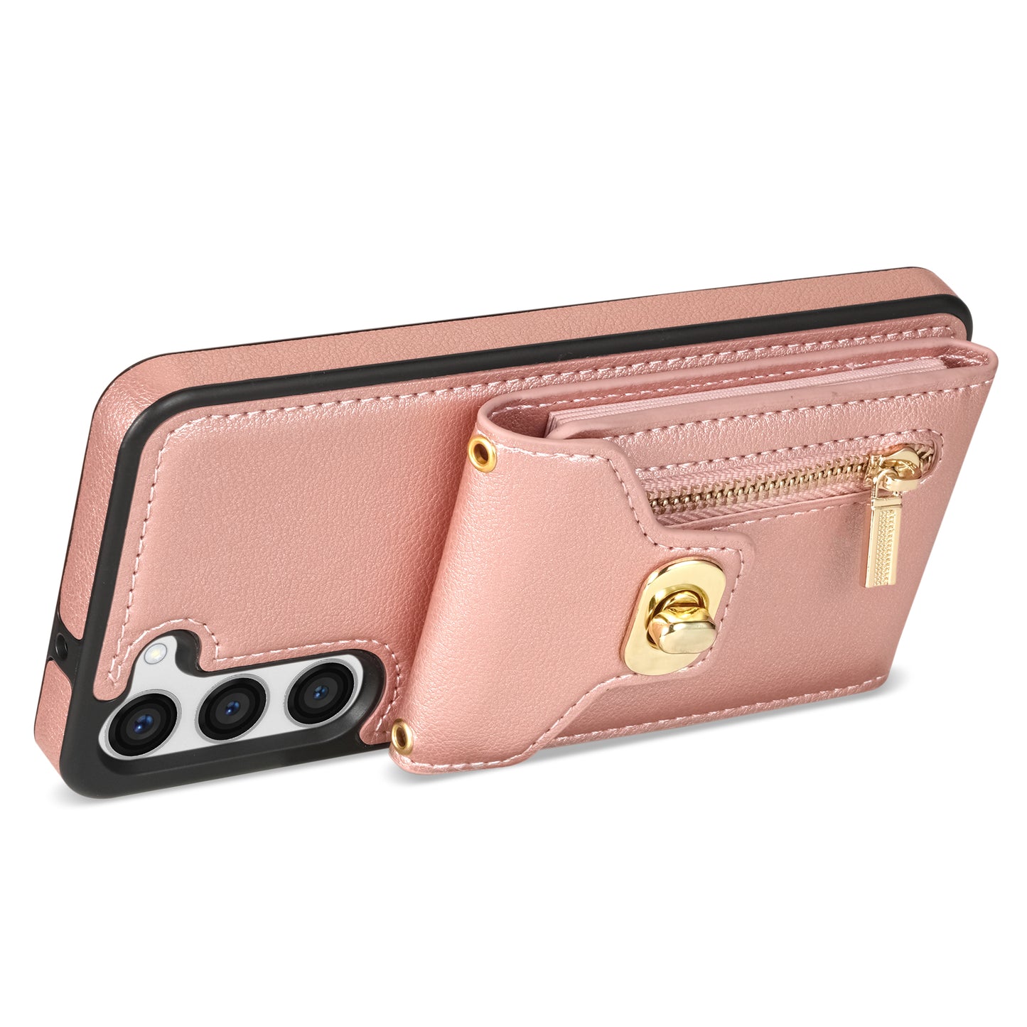 For Samsung Galaxy S24+ Cell Phone Case Leather Coated TPU Card Slots Cover with Shoulder Strap - Pink