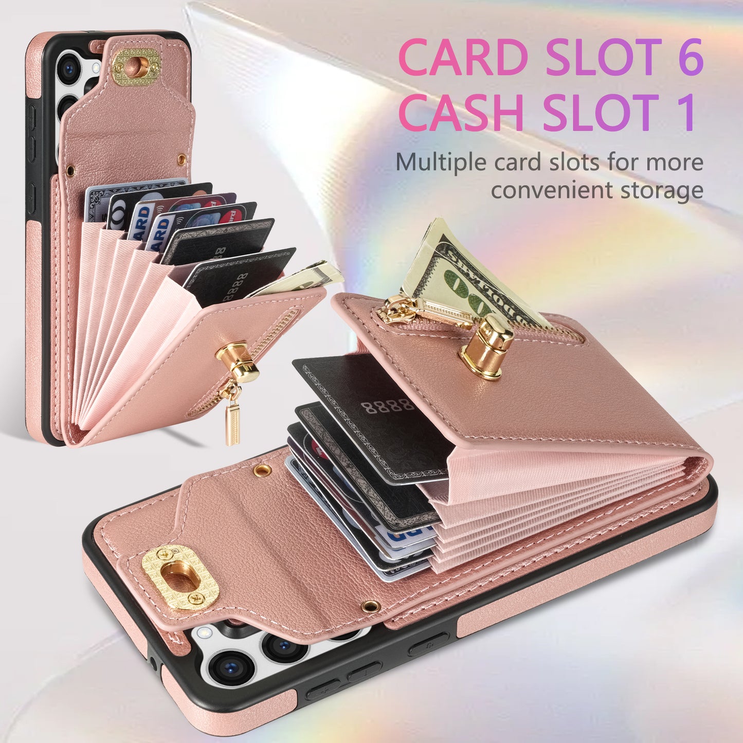 For Samsung Galaxy S24+ Cell Phone Case Leather Coated TPU Card Slots Cover with Shoulder Strap - Pink