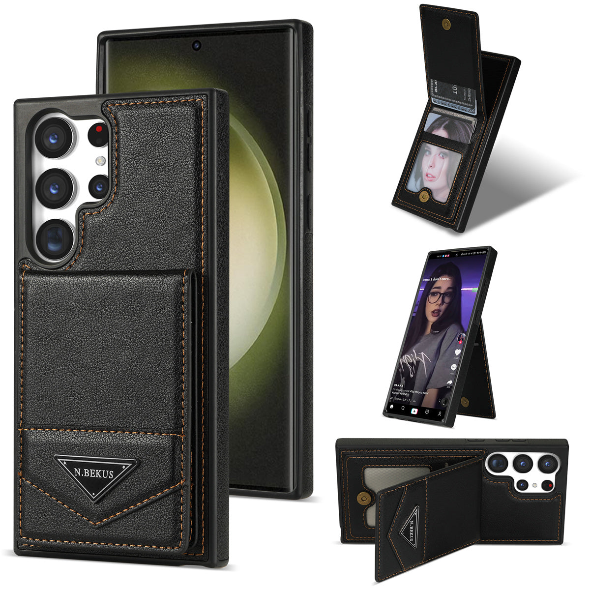 N.BEKUS For Samsung Galaxy S24 Ultra Case Leather+TPU  Vertical Flip Card Holder Cover - Black