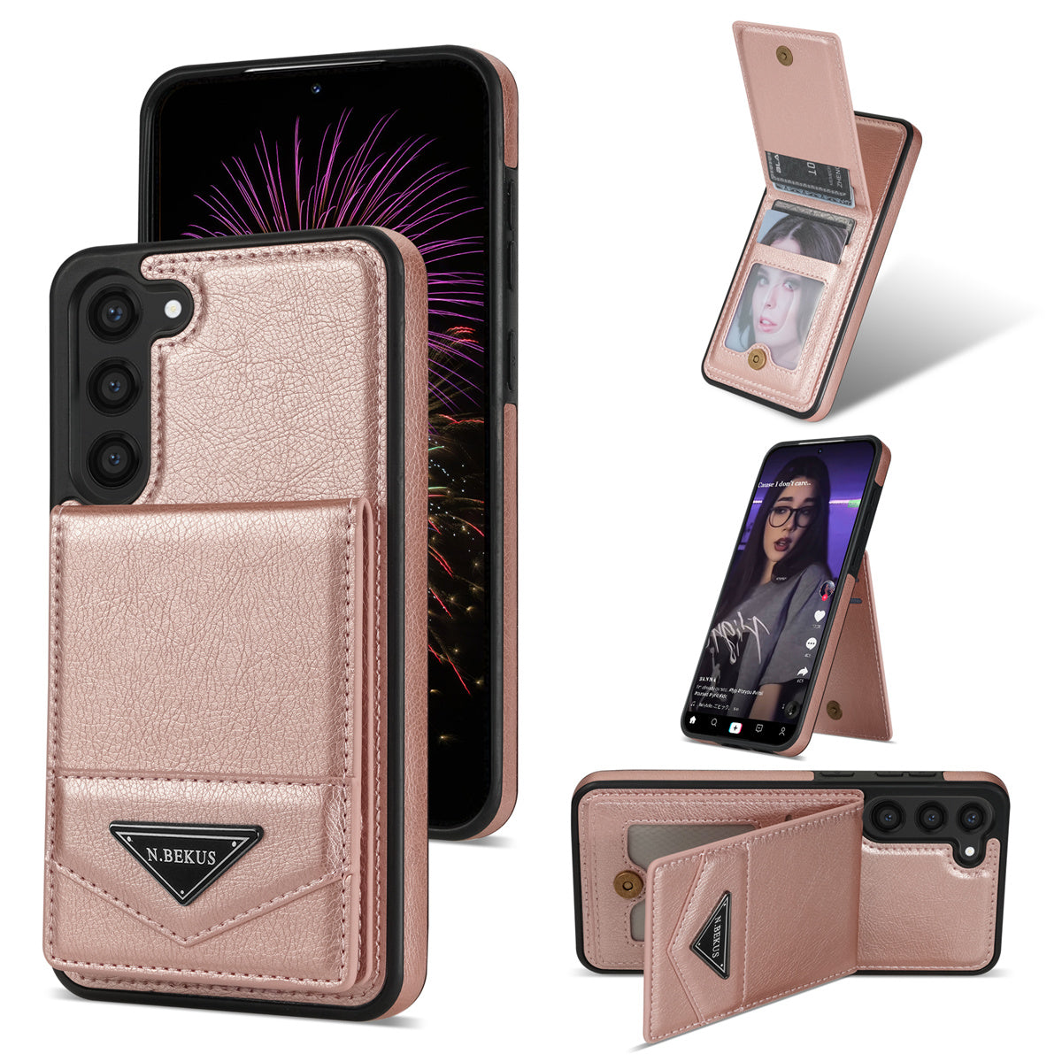 N.BEKUS For Samsung Galaxy S24+ Cell Phone Case Vertical Flip Card Holder Leather+TPU Cover - Pink