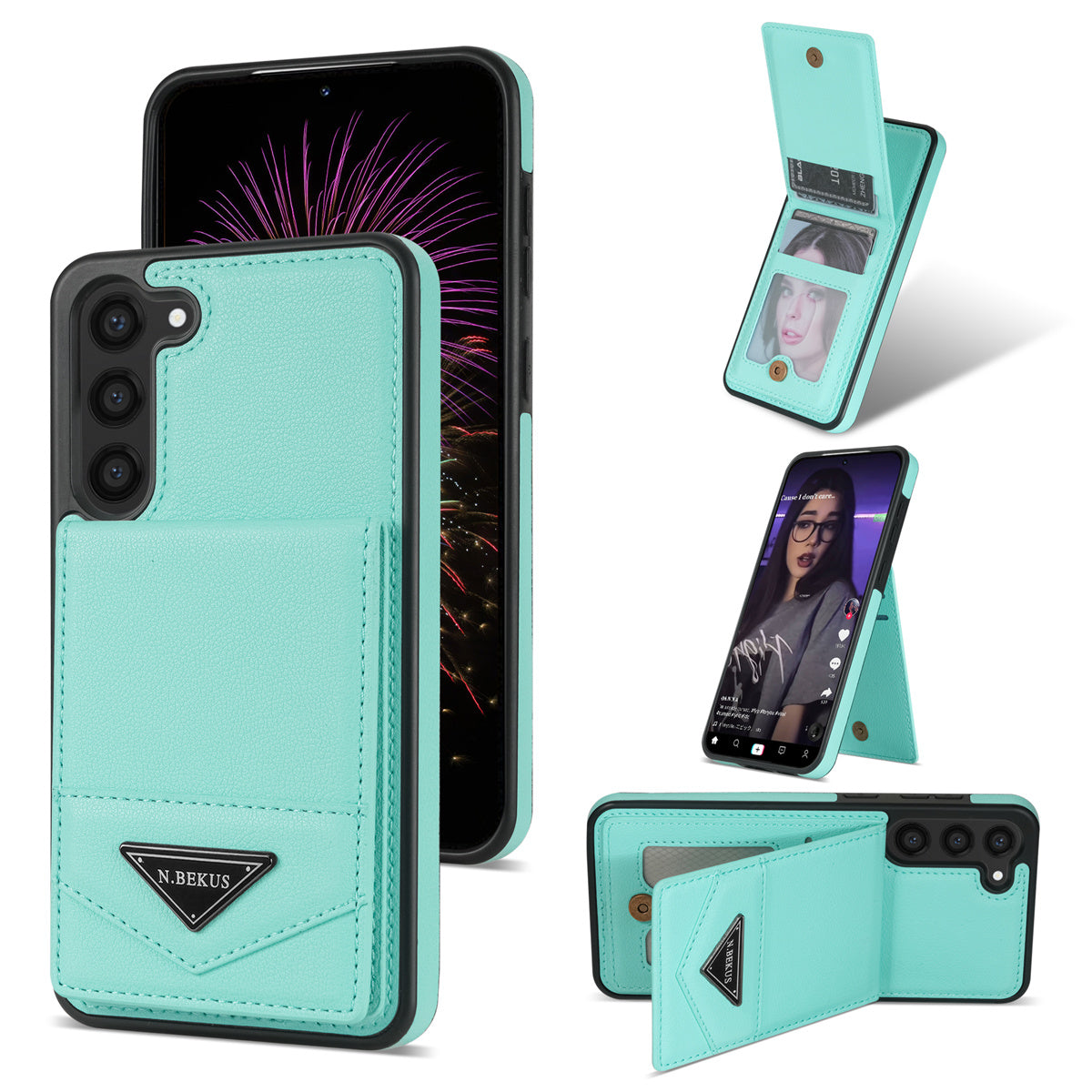 N.BEKUS For Samsung Galaxy S24+ Cell Phone Case Vertical Flip Card Holder Leather+TPU Cover - Green