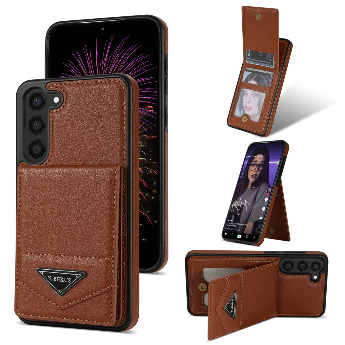 N.BEKUS For Samsung Galaxy S24+ Cell Phone Case Vertical Flip Card Holder Leather+TPU Cover - Brown