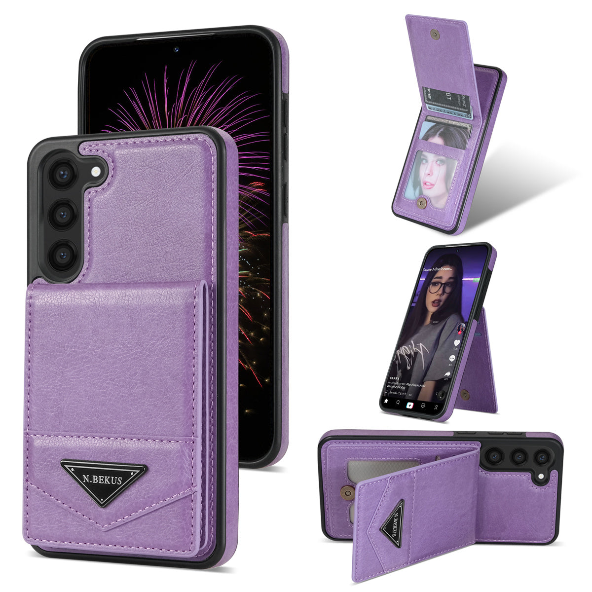 N.BEKUS For Samsung Galaxy S24 Case Leather+TPU Vertical Flip Card Holder Kickstand Phone Cover - Purple