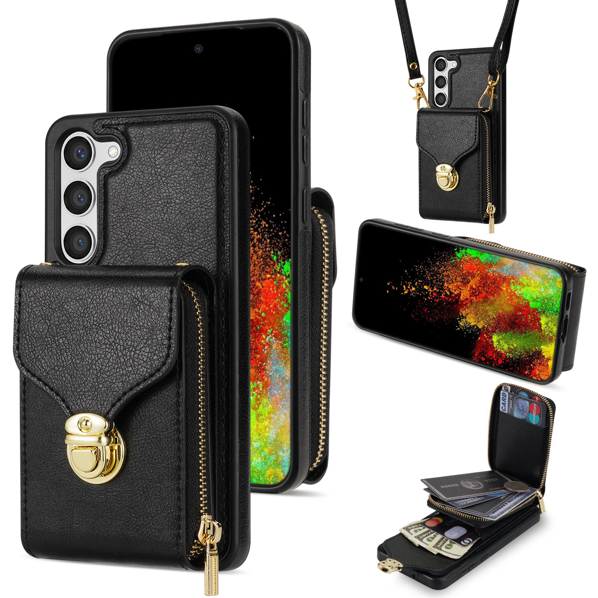 For Samsung Galaxy S24+ Case PU Leather+TPU Kickstand Phone Cover with Shoulder Strap - Black