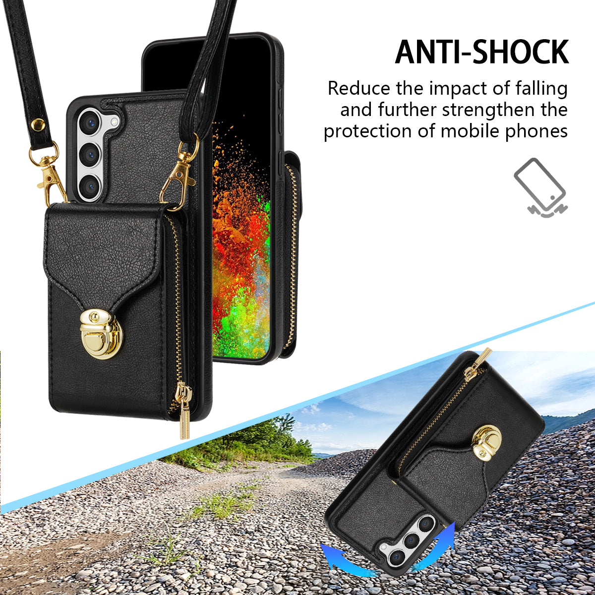 For Samsung Galaxy S24+ Case PU Leather+TPU Kickstand Phone Cover with Shoulder Strap - Black