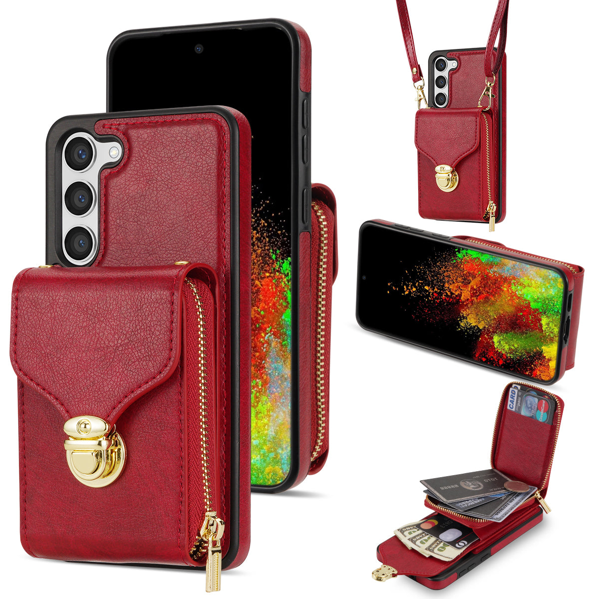 For Samsung Galaxy S24+ Case PU Leather+TPU Kickstand Phone Cover with Shoulder Strap - Red