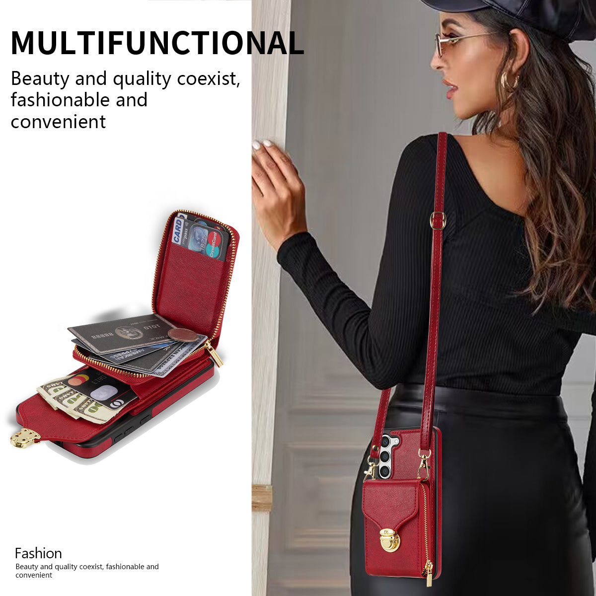 For Samsung Galaxy S24+ Case PU Leather+TPU Kickstand Phone Cover with Shoulder Strap - Red