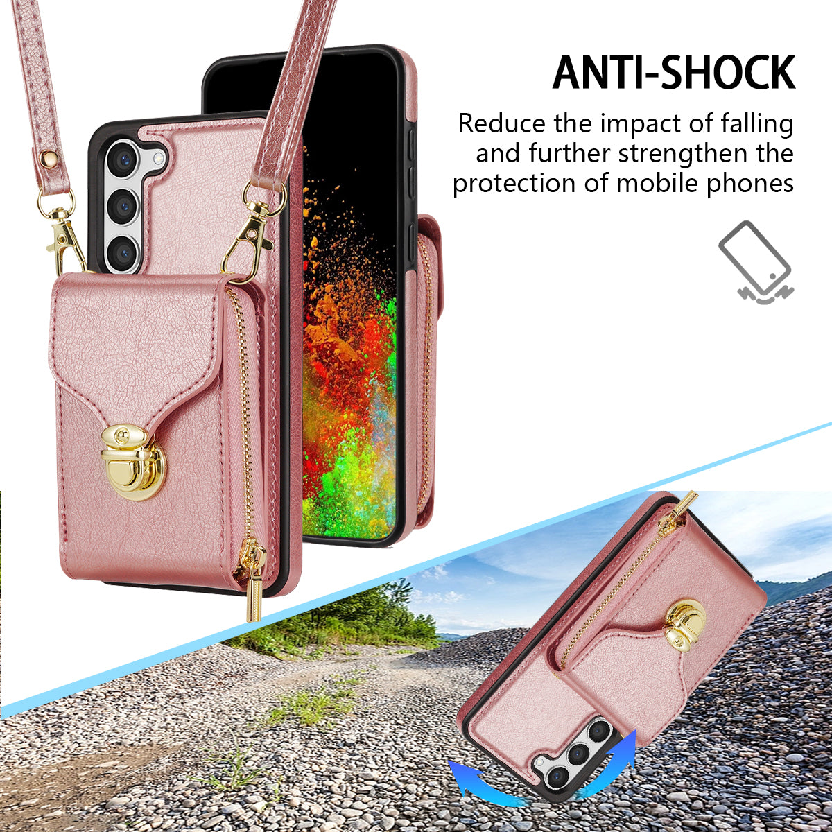 For Samsung Galaxy S24+ Case PU Leather+TPU Kickstand Phone Cover with Shoulder Strap - Rose Gold