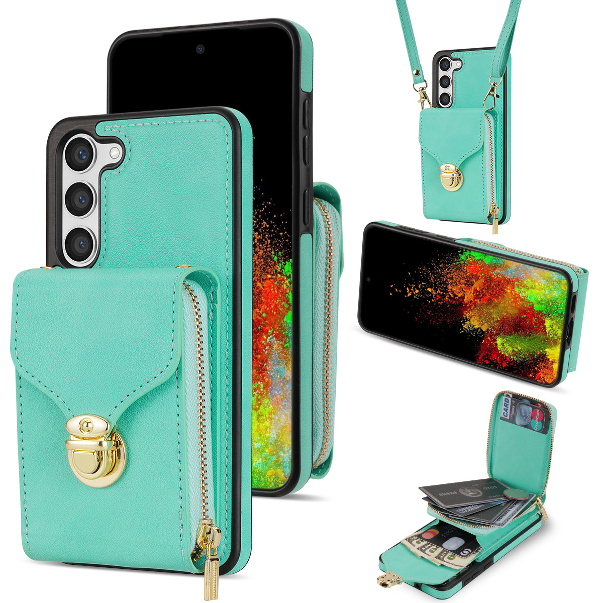 For Samsung Galaxy S24+ Case PU Leather+TPU Kickstand Phone Cover with Shoulder Strap - Mint Green