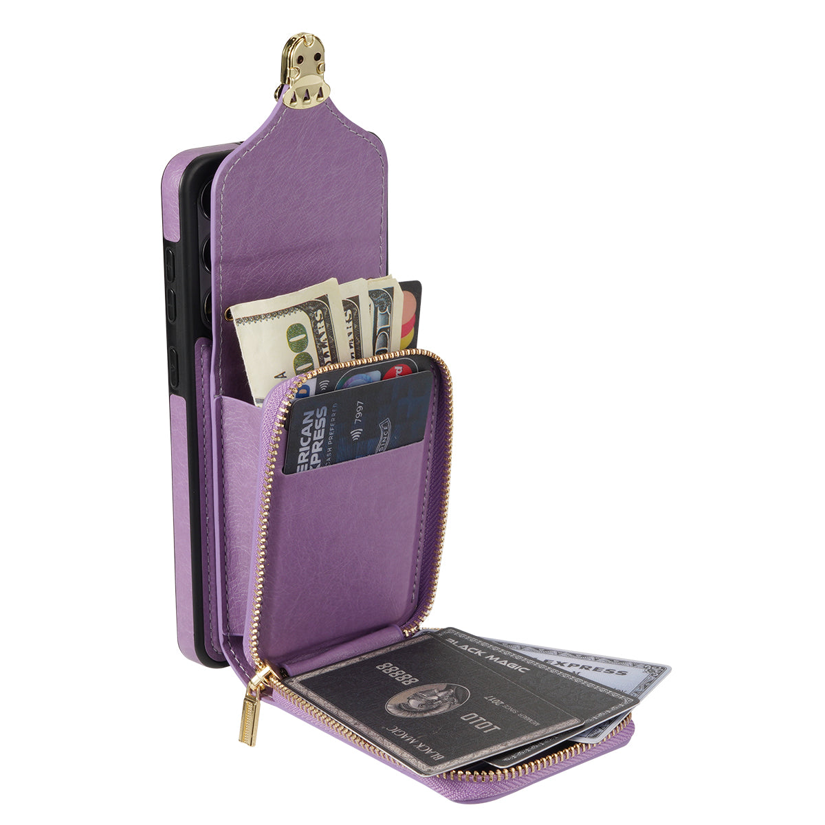 For Samsung Galaxy S24+ Case PU Leather+TPU Kickstand Phone Cover with Shoulder Strap - Purple