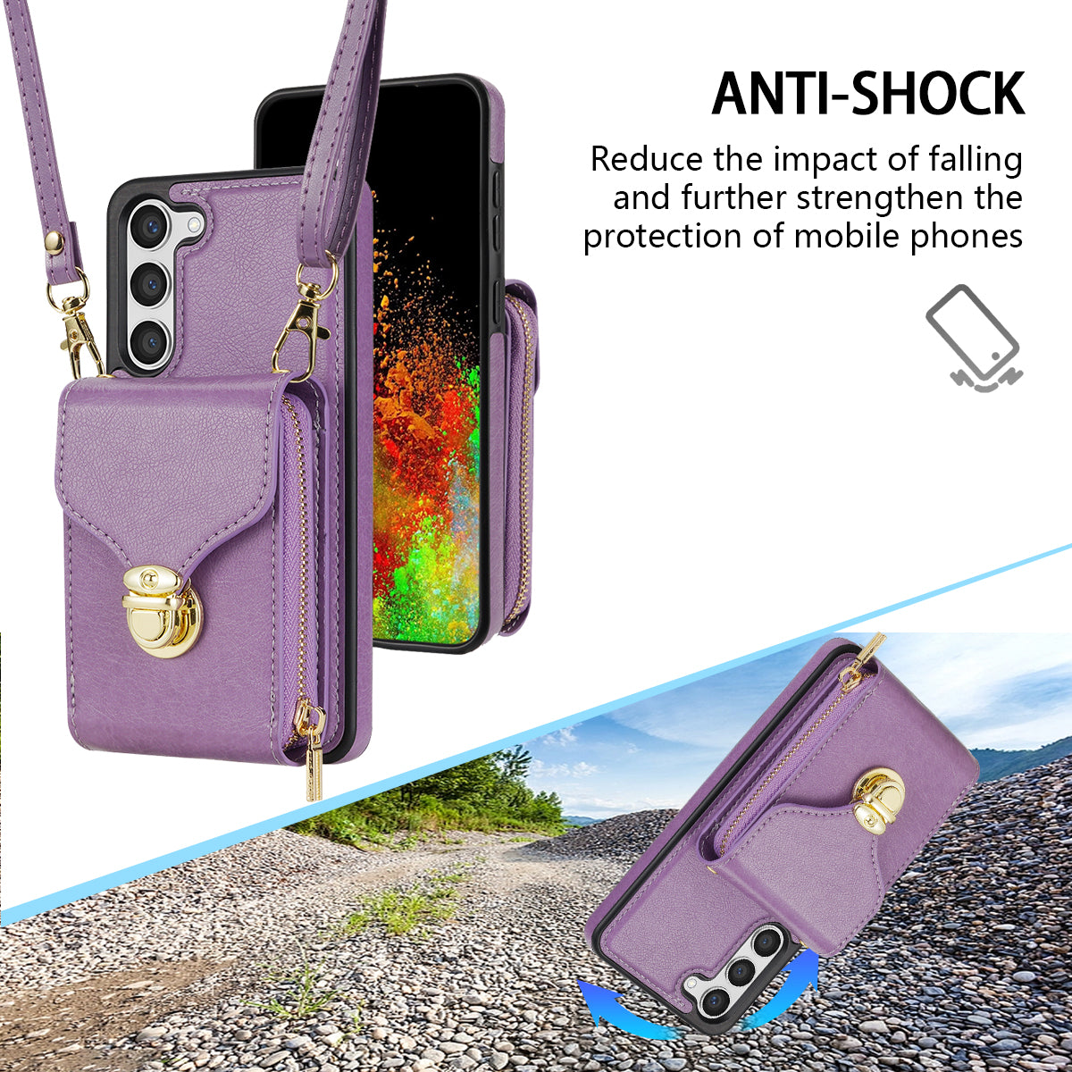 For Samsung Galaxy S24+ Case PU Leather+TPU Kickstand Phone Cover with Shoulder Strap - Purple