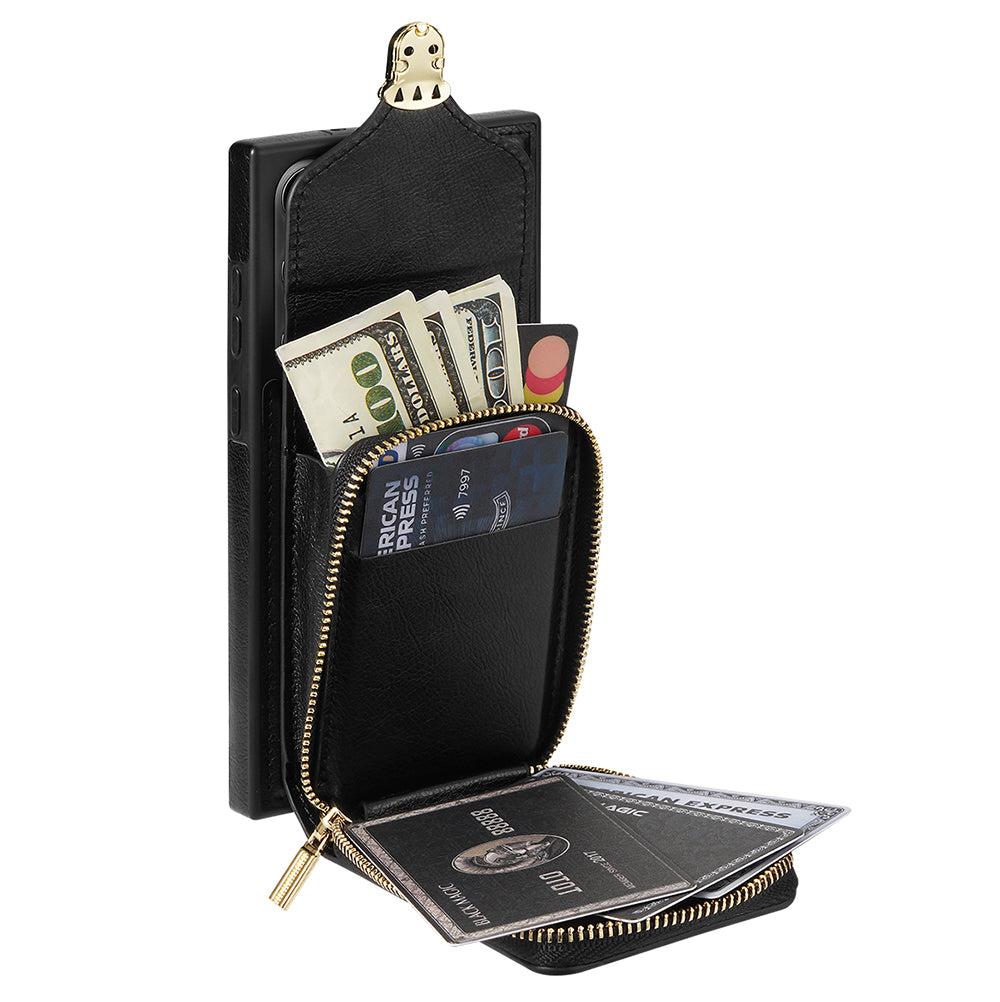 For Samsung Galaxy S24 Ultra Cell Phone Case Card Holder PU Leather + TPU Kickstand Cover - Black