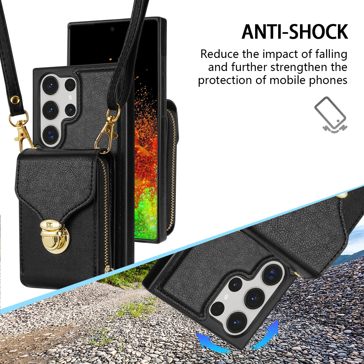 For Samsung Galaxy S24 Ultra Cell Phone Case Card Holder PU Leather + TPU Kickstand Cover - Black