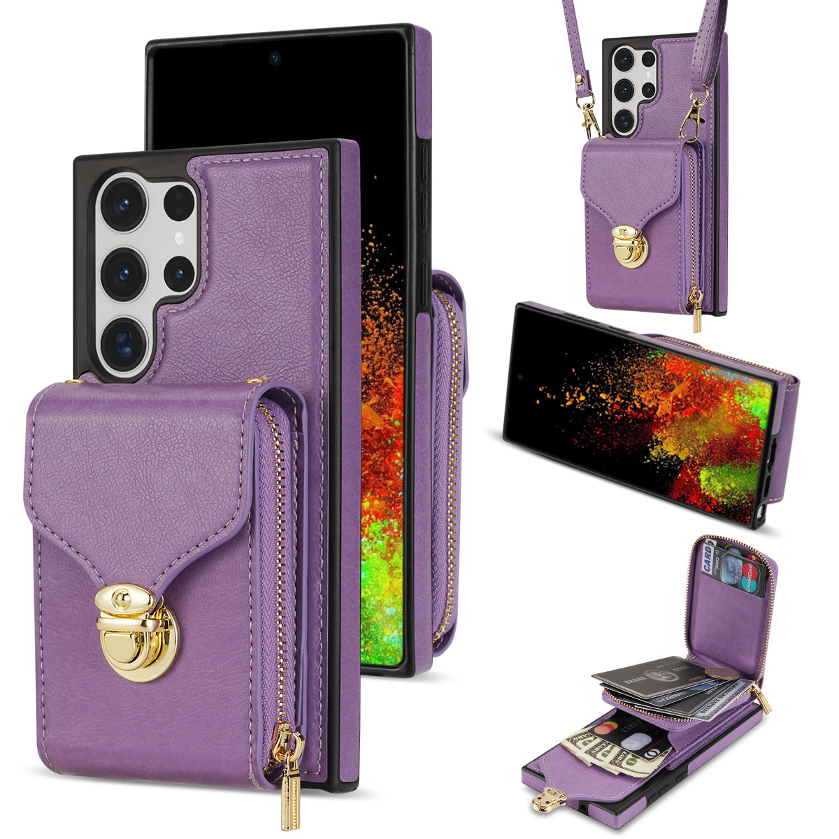 For Samsung Galaxy S24 Ultra Cell Phone Case Card Holder PU Leather + TPU Kickstand Cover - Purple
