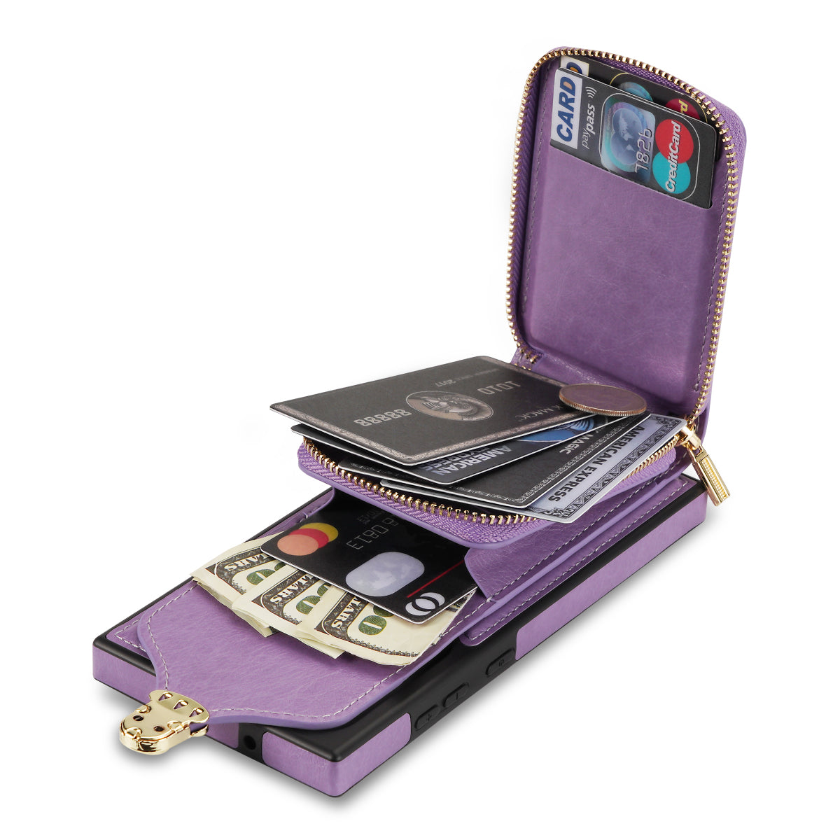 For Samsung Galaxy S24 Ultra Cell Phone Case Card Holder PU Leather + TPU Kickstand Cover - Purple