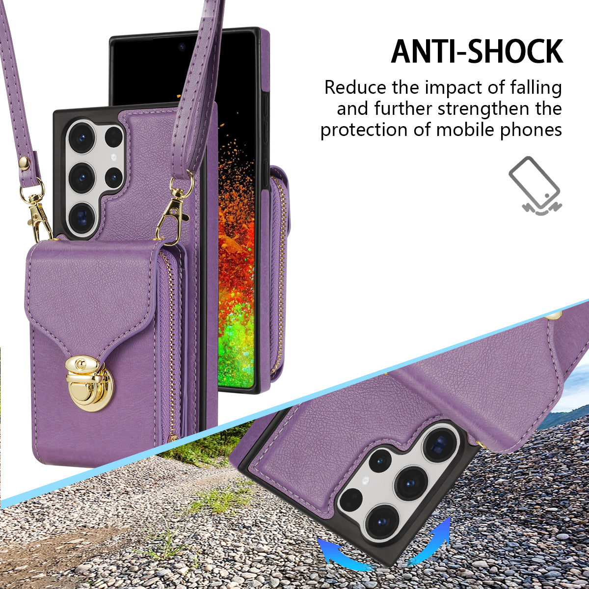 For Samsung Galaxy S24 Ultra Cell Phone Case Card Holder PU Leather + TPU Kickstand Cover - Purple