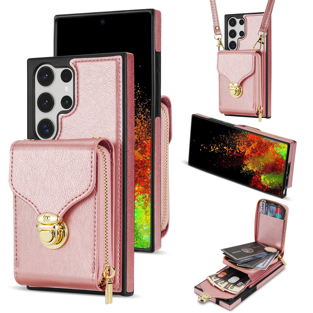 For Samsung Galaxy S24 Ultra Cell Phone Case Card Holder PU Leather + TPU Kickstand Cover - Rose Gold