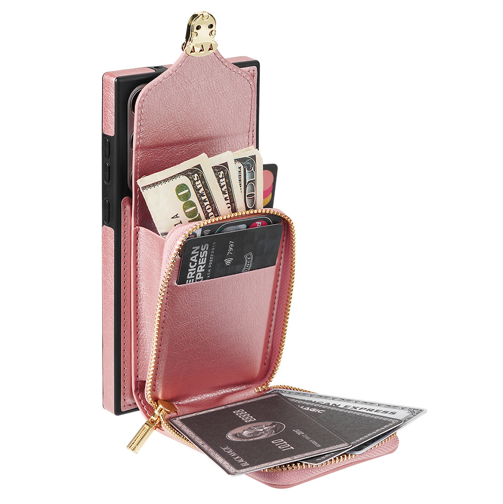 For Samsung Galaxy S24 Ultra Cell Phone Case Card Holder PU Leather + TPU Kickstand Cover - Rose Gold
