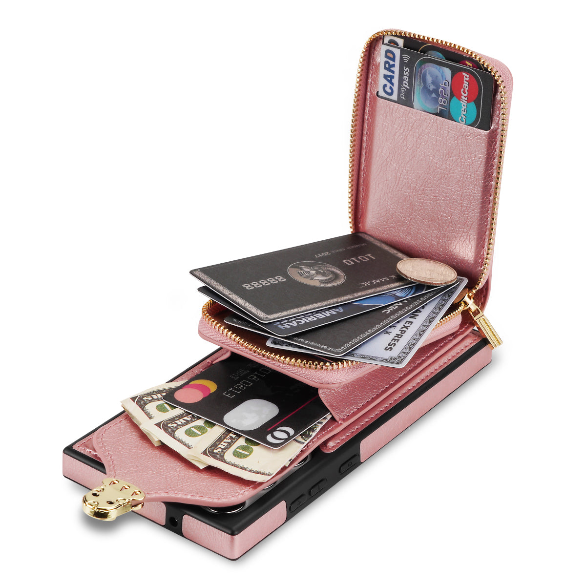 For Samsung Galaxy S24 Ultra Cell Phone Case Card Holder PU Leather + TPU Kickstand Cover - Rose Gold