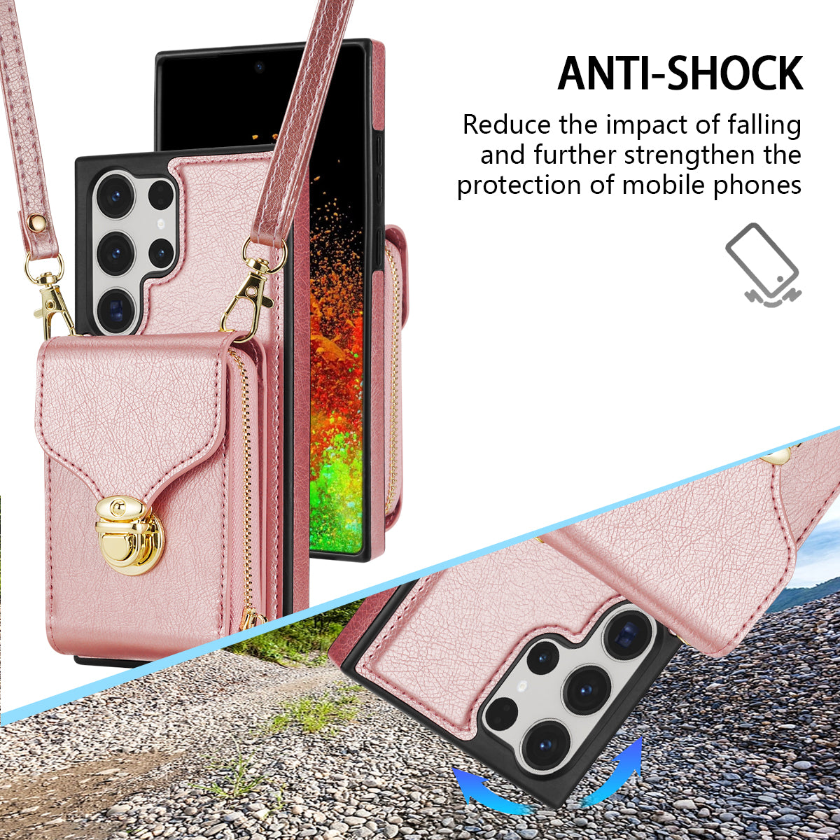 For Samsung Galaxy S24 Ultra Cell Phone Case Card Holder PU Leather + TPU Kickstand Cover - Rose Gold