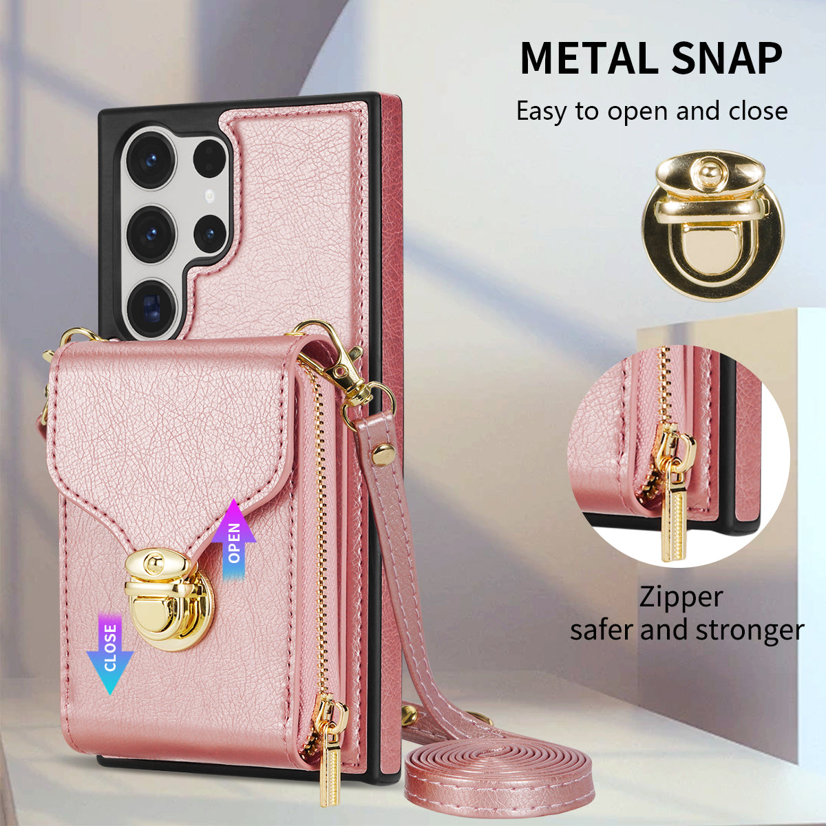 For Samsung Galaxy S24 Ultra Cell Phone Case Card Holder PU Leather + TPU Kickstand Cover - Rose Gold