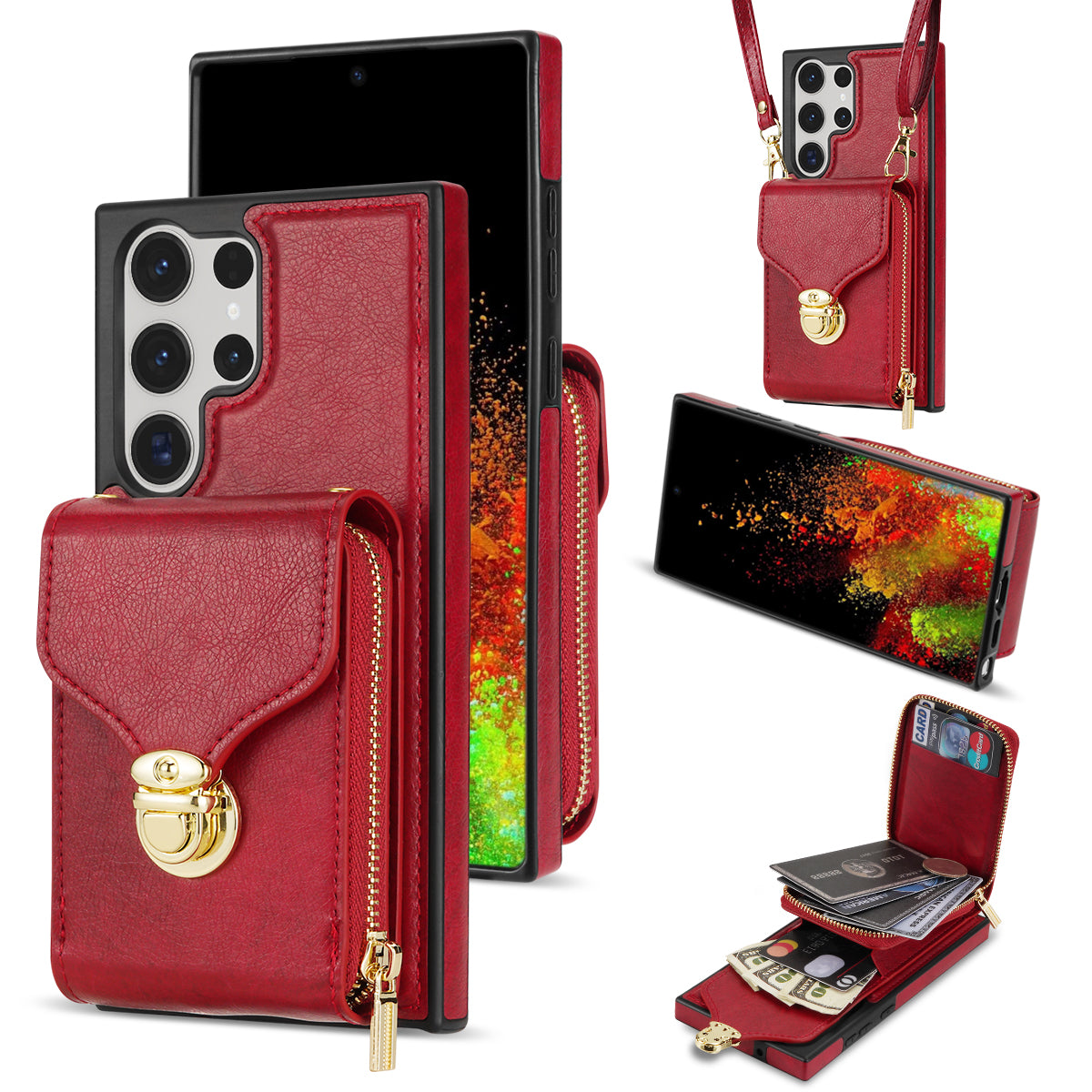For Samsung Galaxy S24 Ultra Cell Phone Case Card Holder PU Leather + TPU Kickstand Cover - Red