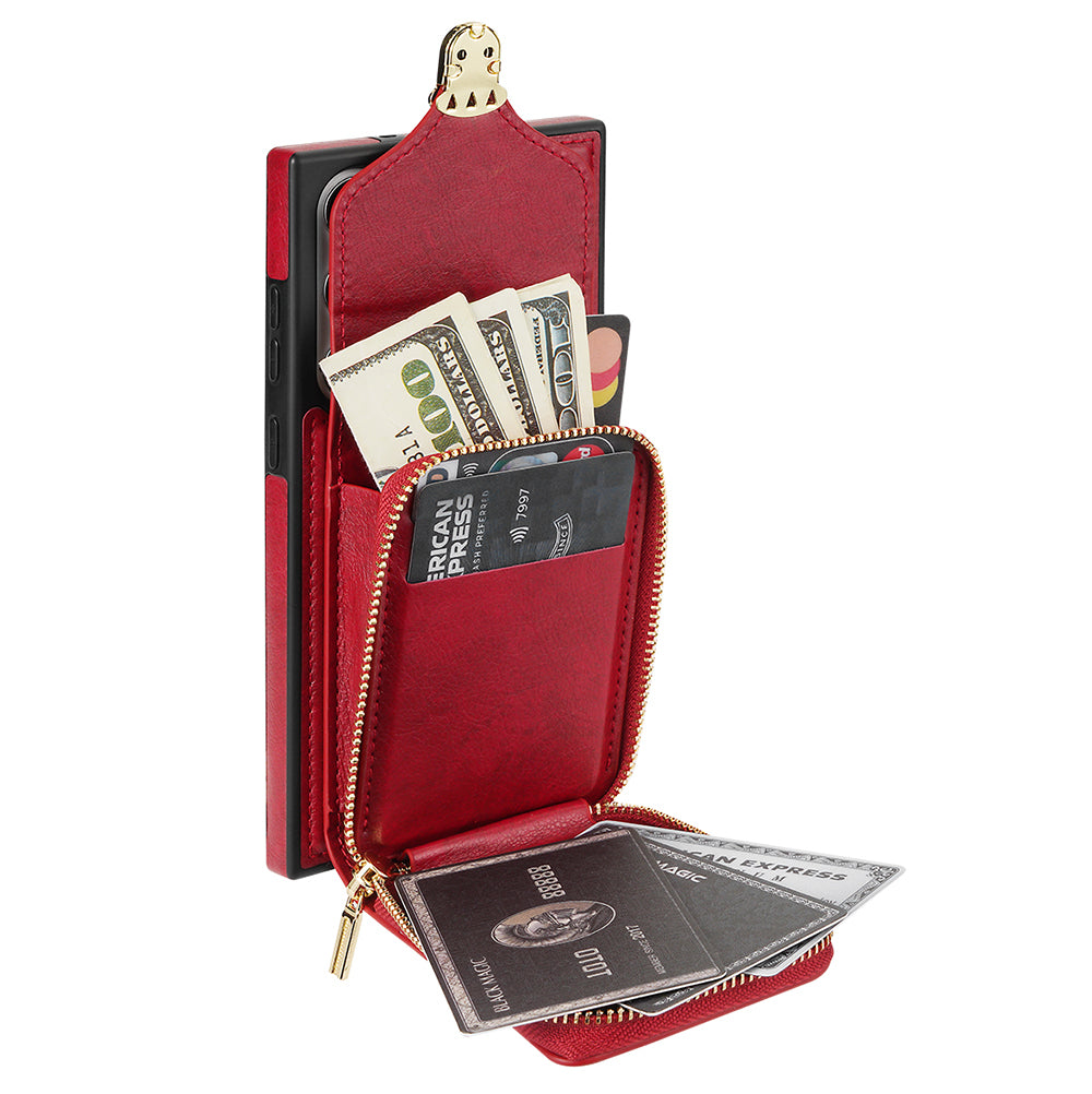 For Samsung Galaxy S24 Ultra Cell Phone Case Card Holder PU Leather + TPU Kickstand Cover - Red