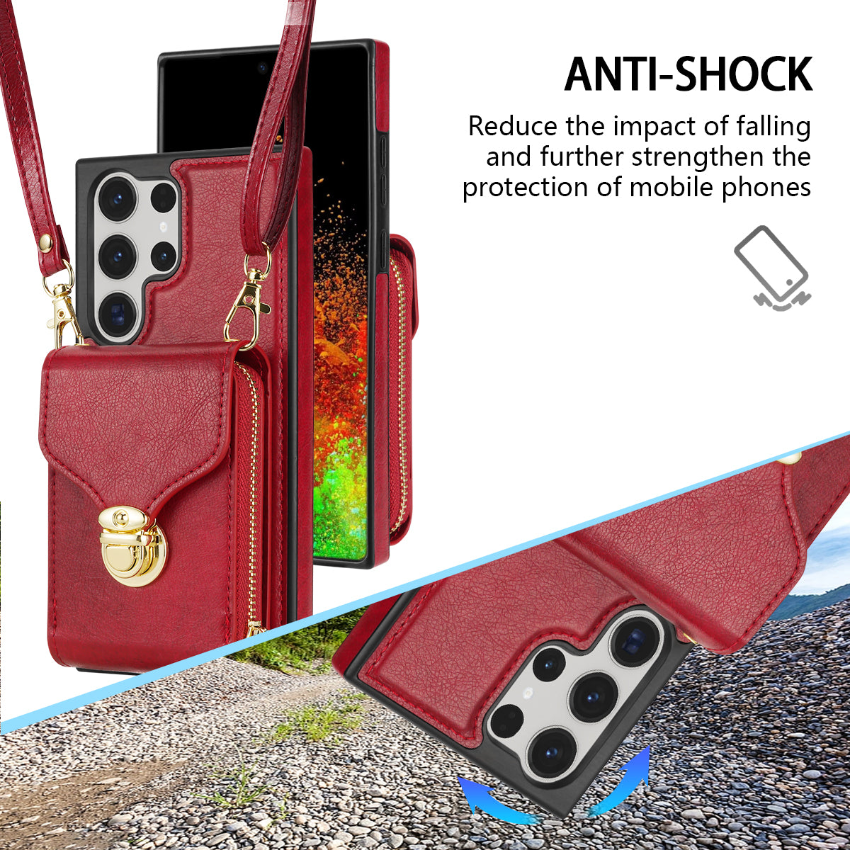 For Samsung Galaxy S24 Ultra Cell Phone Case Card Holder PU Leather + TPU Kickstand Cover - Red