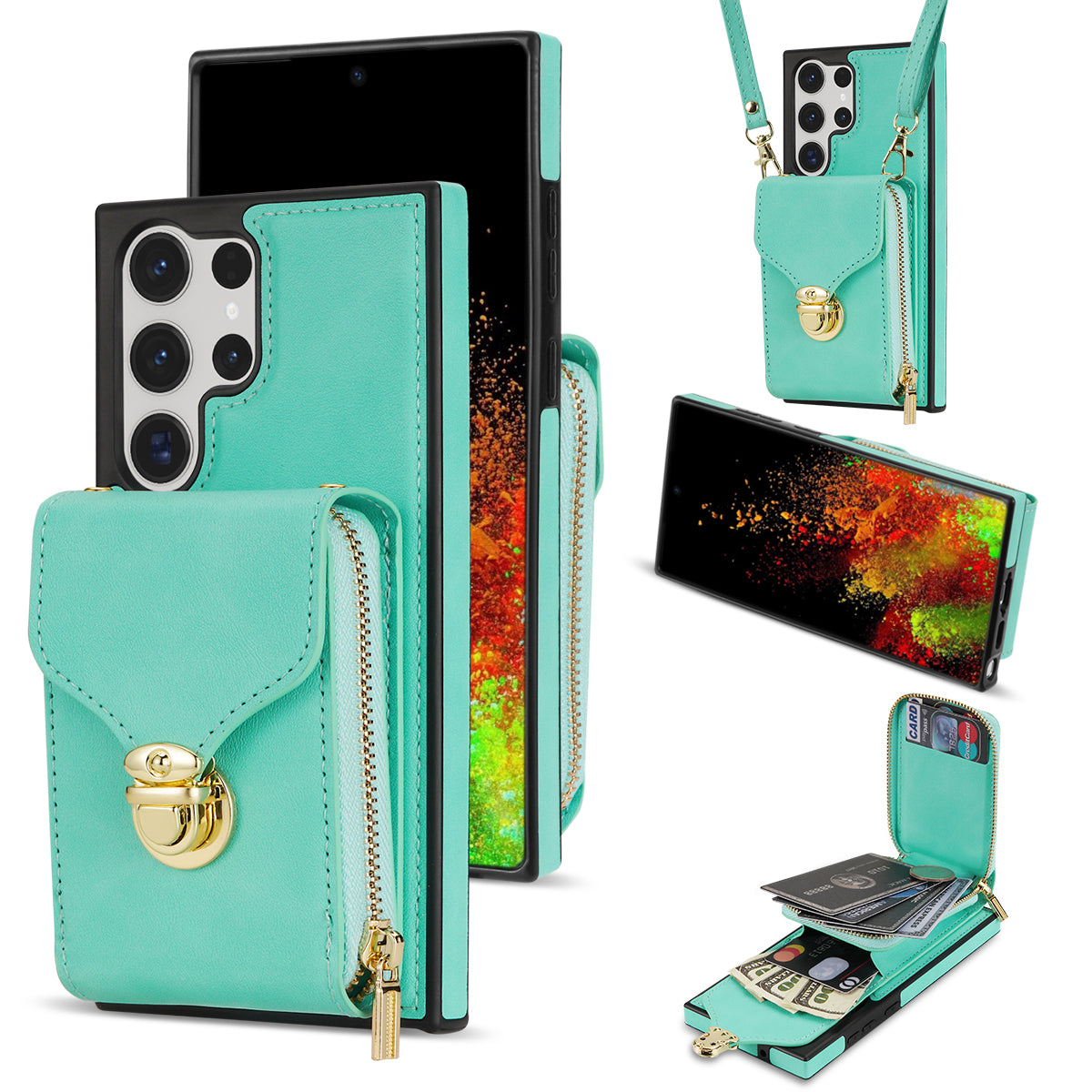 For Samsung Galaxy S24 Ultra Cell Phone Case Card Holder PU Leather + TPU Kickstand Cover - Mint Green