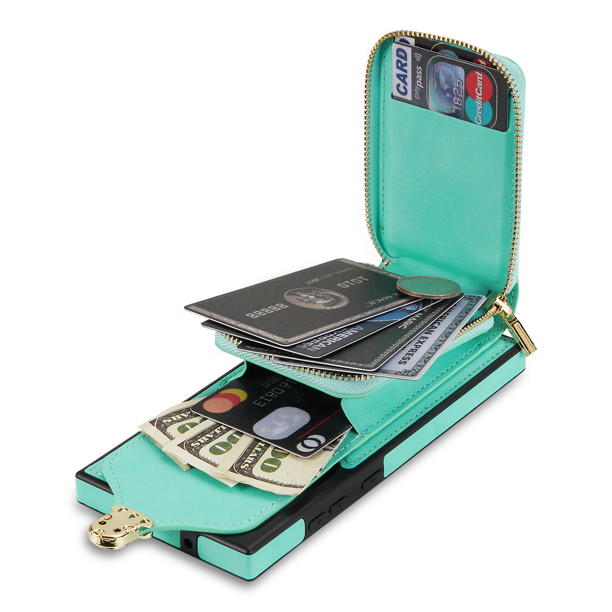 For Samsung Galaxy S24 Ultra Cell Phone Case Card Holder PU Leather + TPU Kickstand Cover - Mint Green