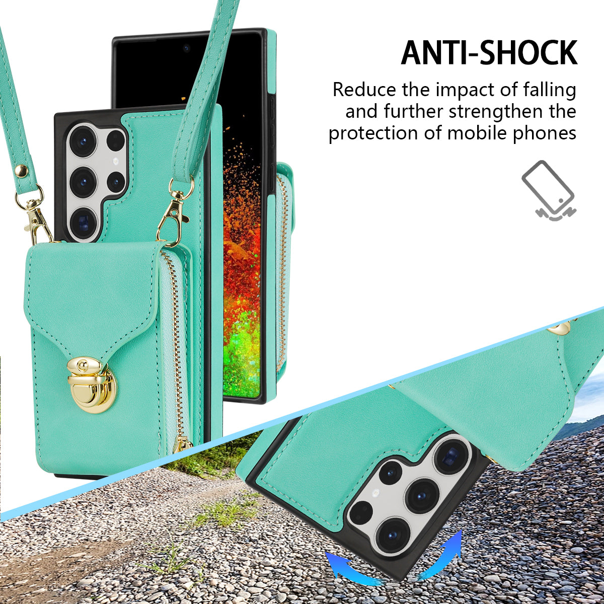 For Samsung Galaxy S24 Ultra Cell Phone Case Card Holder PU Leather + TPU Kickstand Cover - Mint Green