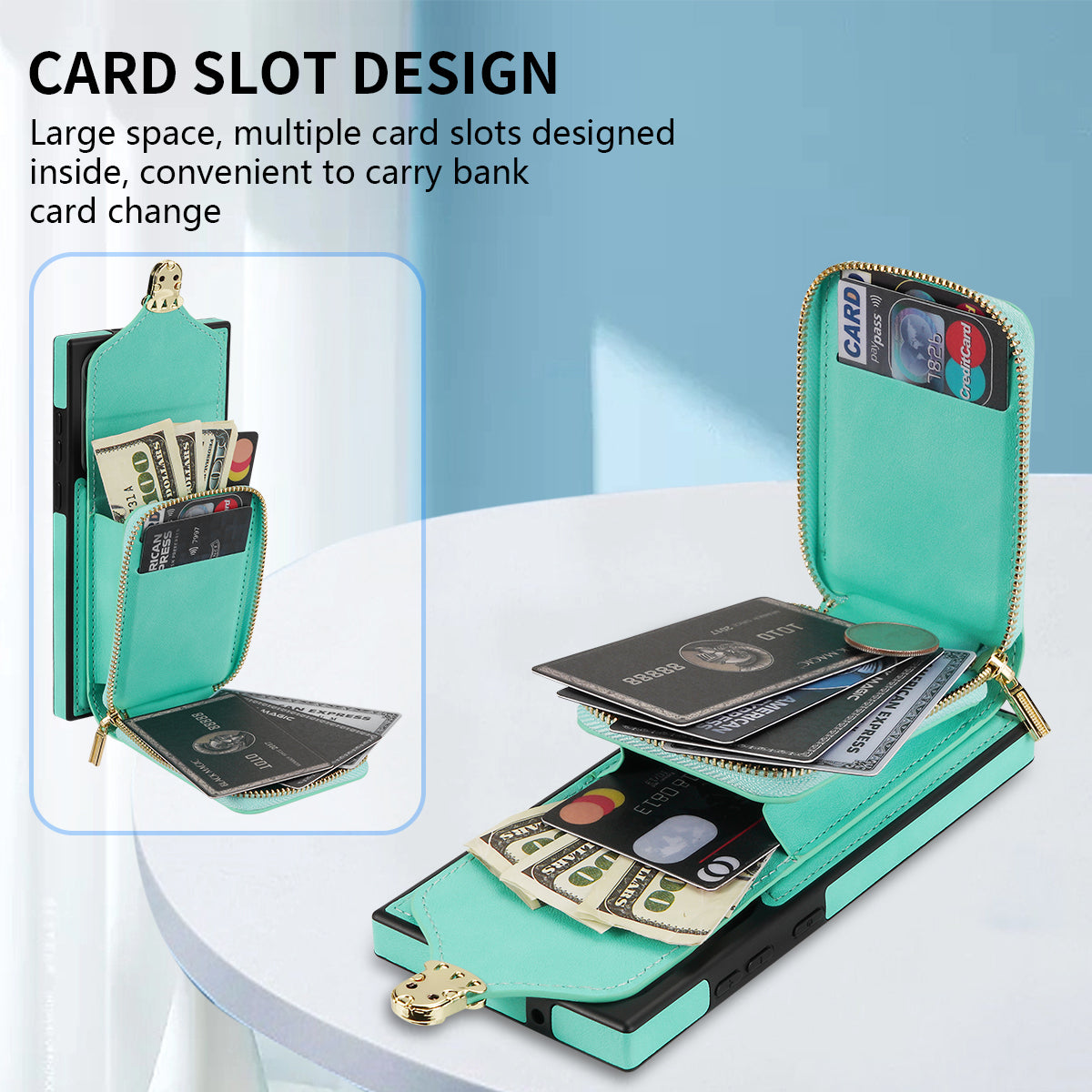 For Samsung Galaxy S24 Ultra Cell Phone Case Card Holder PU Leather + TPU Kickstand Cover - Mint Green