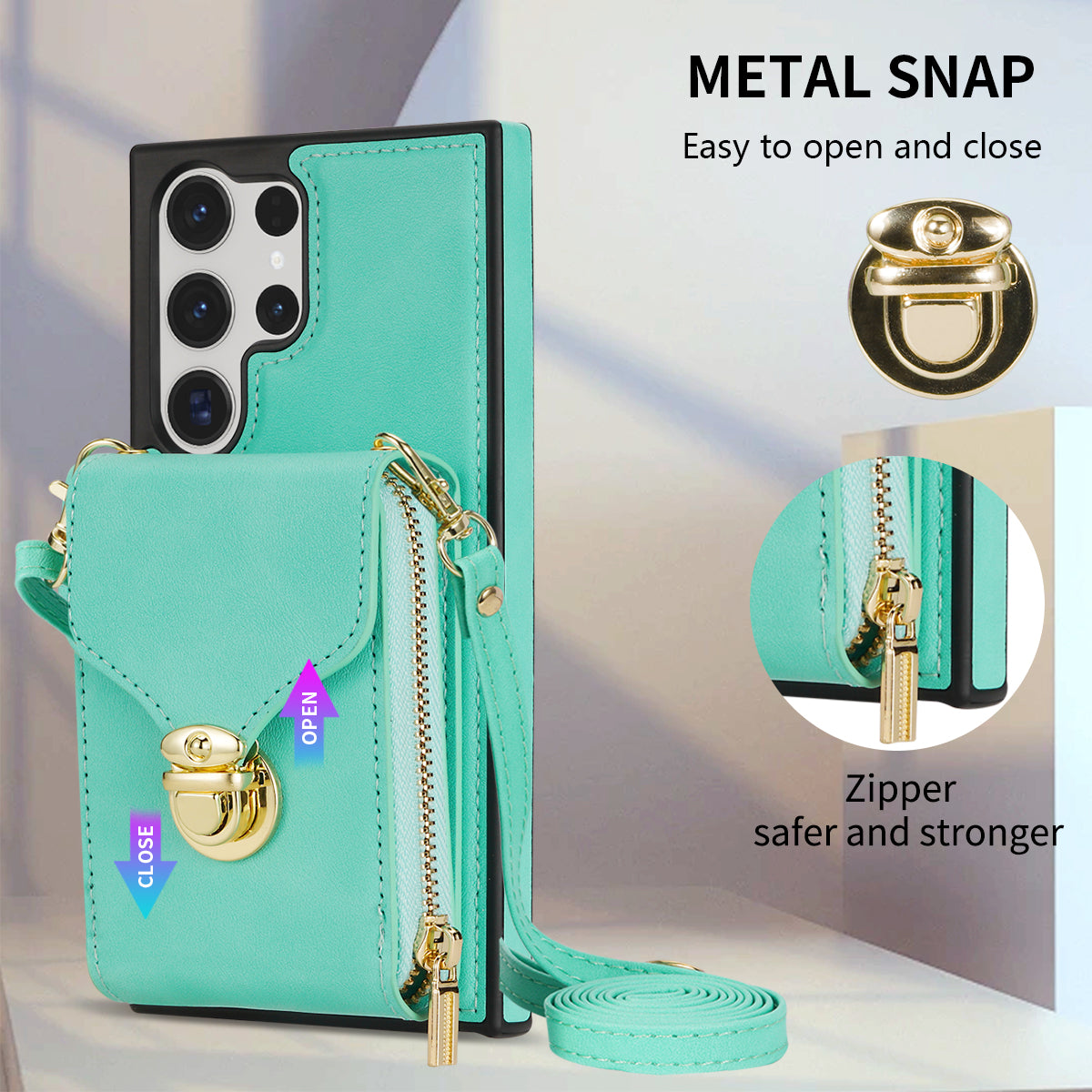 For Samsung Galaxy S24 Ultra Cell Phone Case Card Holder PU Leather + TPU Kickstand Cover - Mint Green