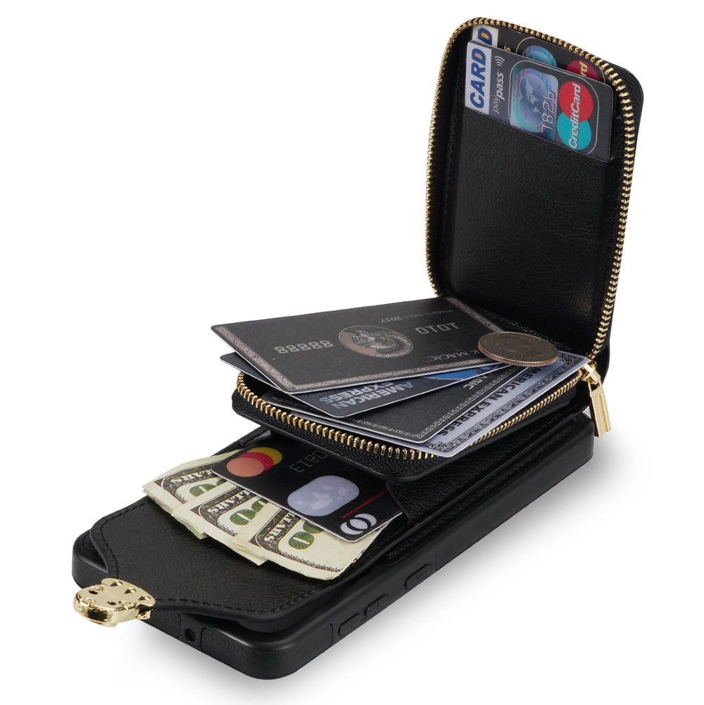 For Samsung Galaxy S24 PU Leather Case Card Holder Zipper Pocket Kickstand Phone Cover - Black