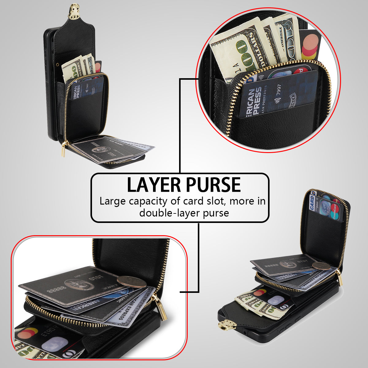 For Samsung Galaxy S24 PU Leather Case Card Holder Zipper Pocket Kickstand Phone Cover - Black