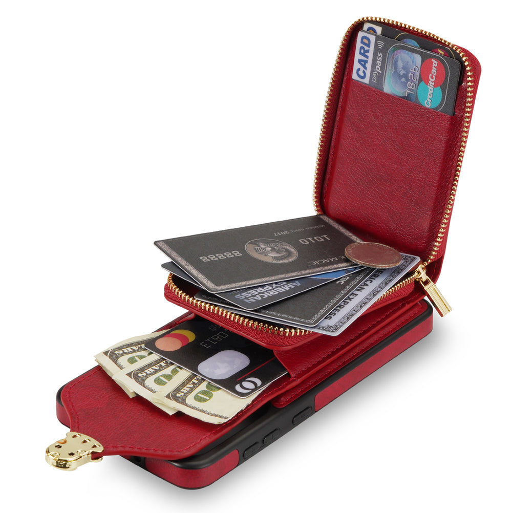 For Samsung Galaxy S24 PU Leather Case Card Holder Zipper Pocket Kickstand Phone Cover - Red