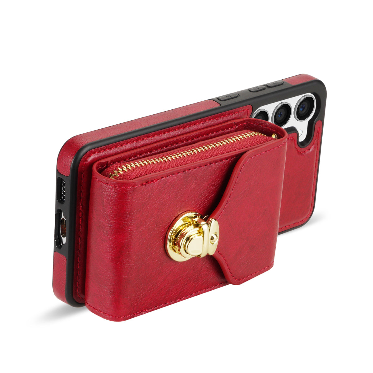 For Samsung Galaxy S24 PU Leather Case Card Holder Zipper Pocket Kickstand Phone Cover - Red