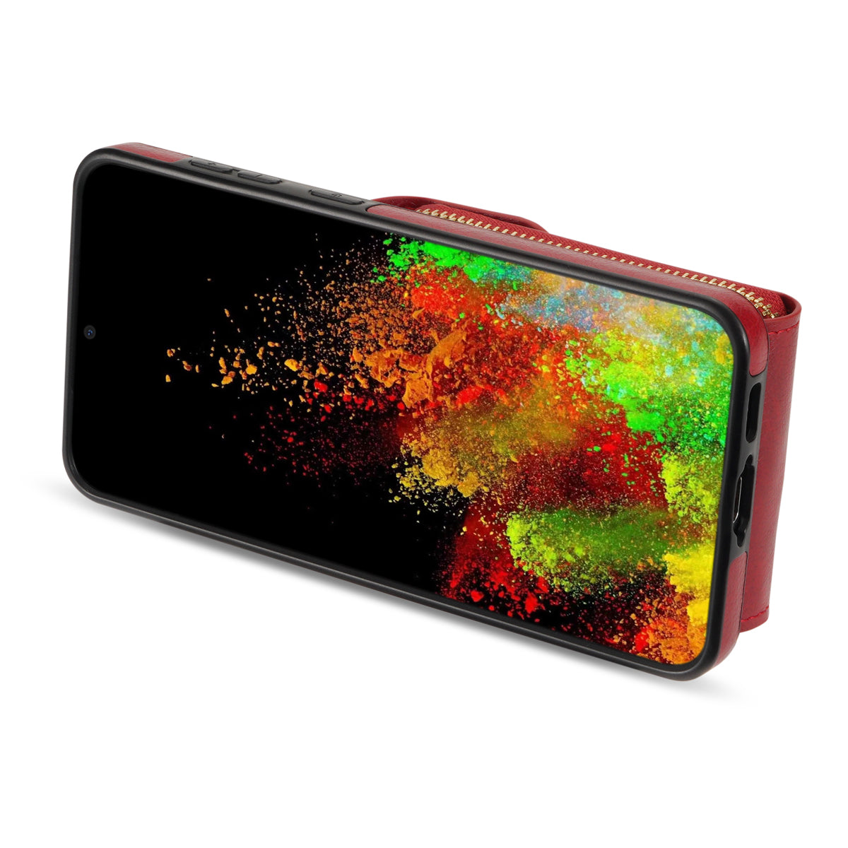 For Samsung Galaxy S24 PU Leather Case Card Holder Zipper Pocket Kickstand Phone Cover - Red