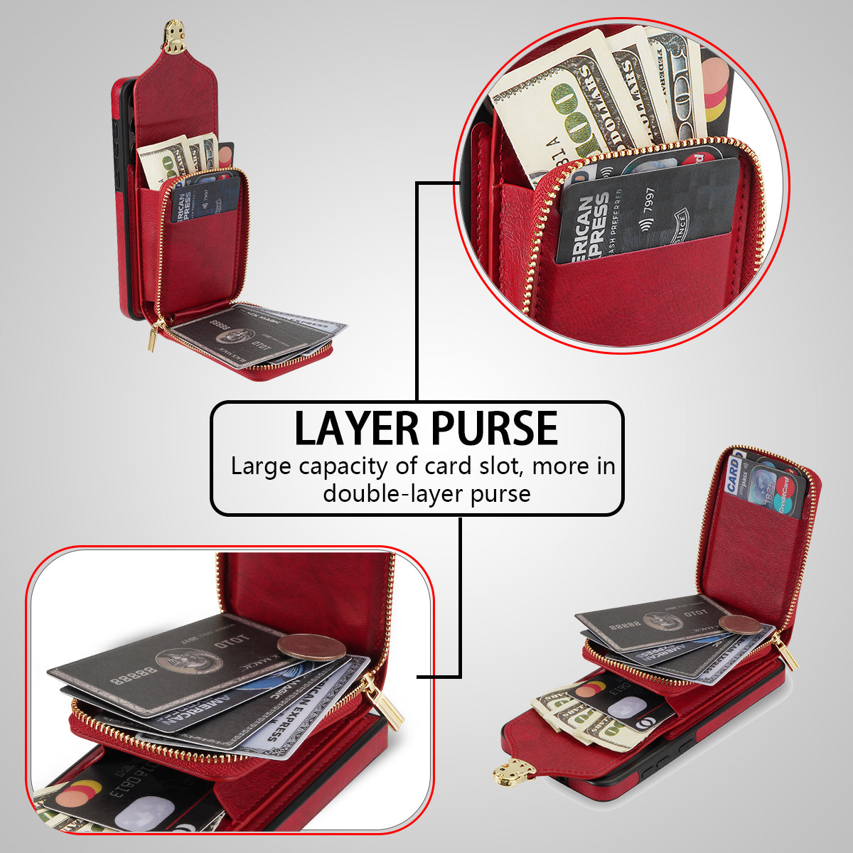 For Samsung Galaxy S24 PU Leather Case Card Holder Zipper Pocket Kickstand Phone Cover - Red