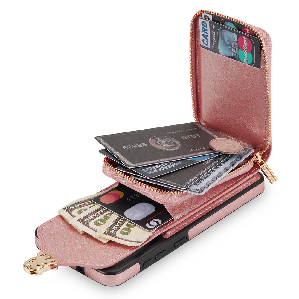 For Samsung Galaxy S24 PU Leather Case Card Holder Zipper Pocket Kickstand Phone Cover - Rose Gold