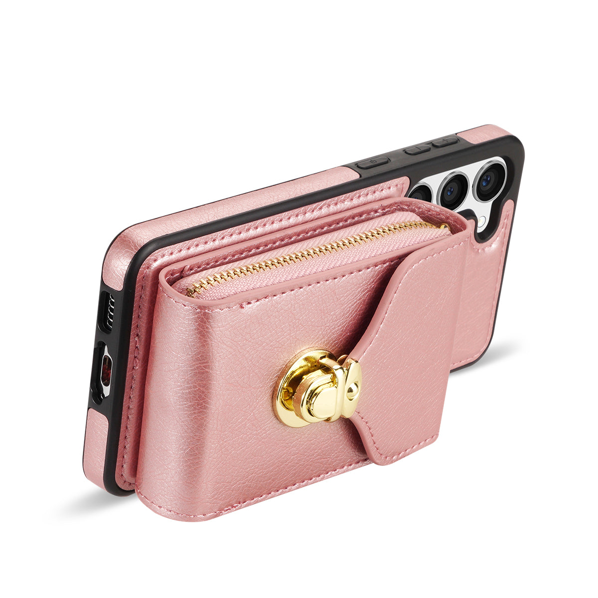For Samsung Galaxy S24 PU Leather Case Card Holder Zipper Pocket Kickstand Phone Cover - Rose Gold